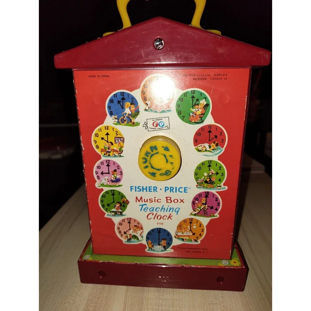 Vintage 1968 Fisher Price Music Box Teaching Clock Wind-Up Red Wood Works